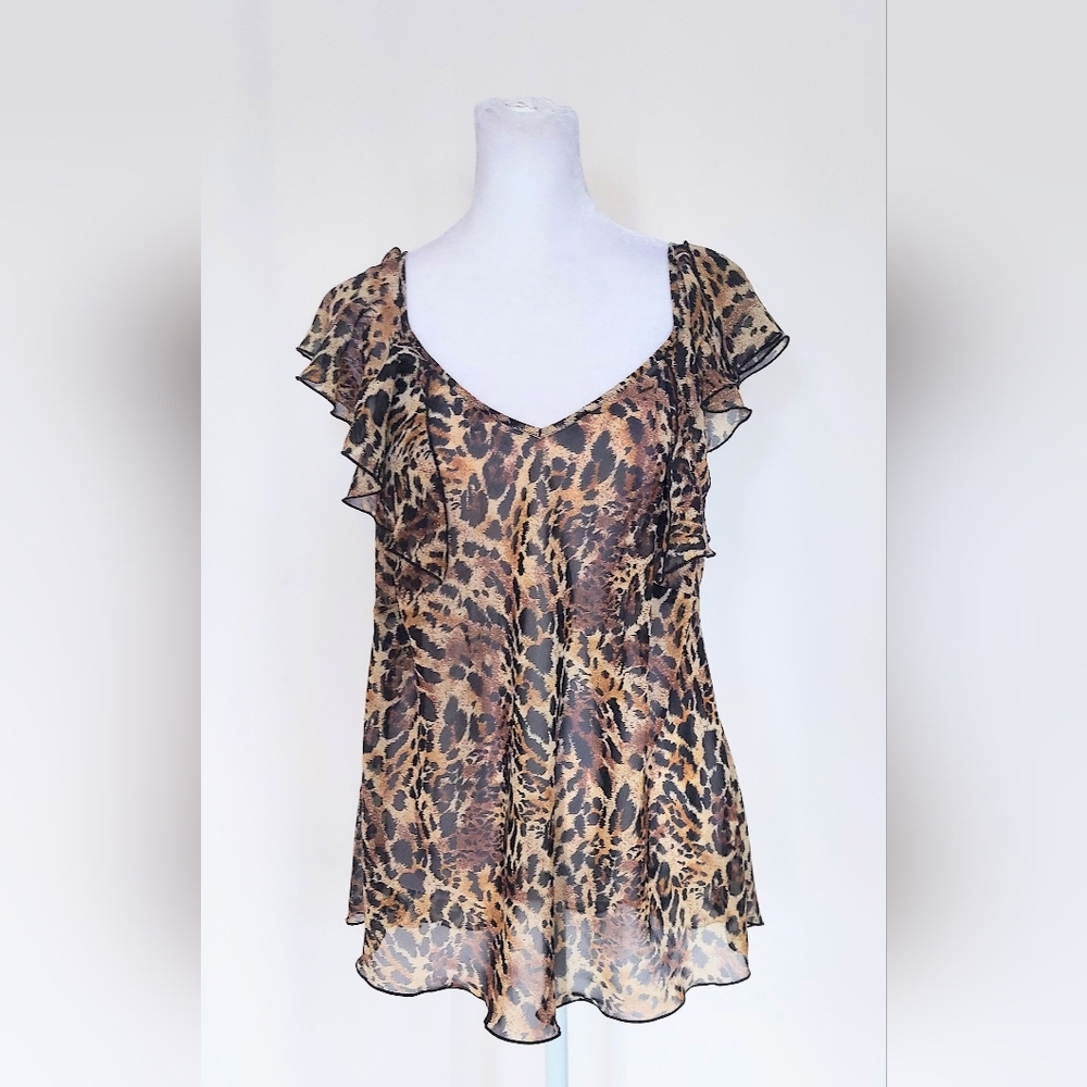 Venezia Jeans Short Sleeve Ruffle Sheer V Neck Top Size 14/16 Cheetah Print